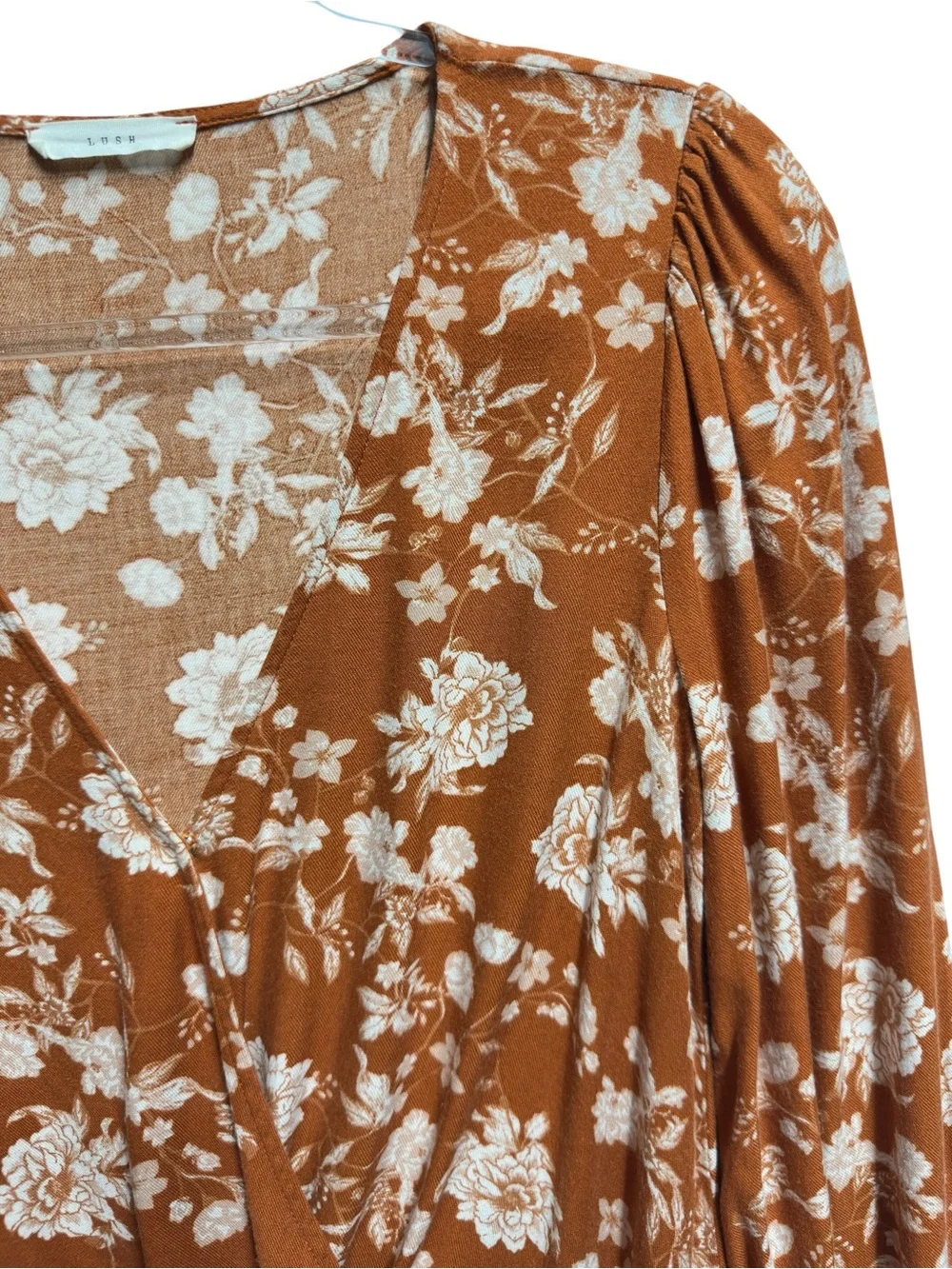 Pure Rayon Gauze Chambray Flannel Knit Rust Floral Drape Wrap Surplice Blouse